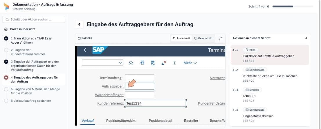 Geführte Anleitung: Schritt mit SAP-Screenshot, markiertem Klick und Liste der Aktionen